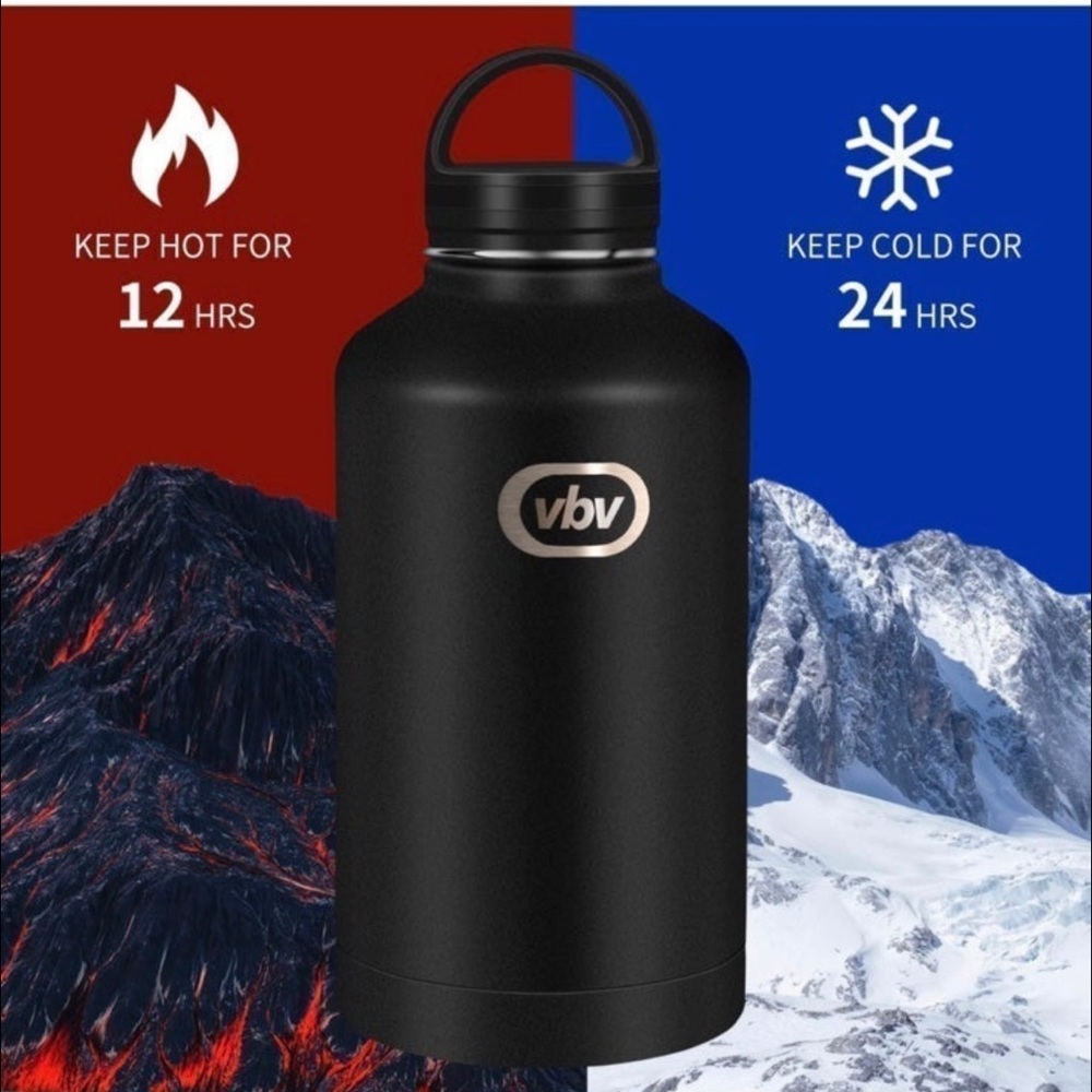 Water Bottle - 64 Oz, 3 Lids (Straw Lid), Metal Stainless Steel Water